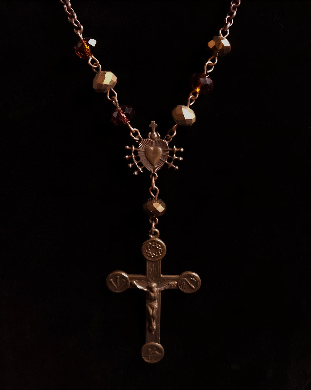 Seven Sorrows & Passion Crucifix | Asymmetrical Autumn Glass Necklace
