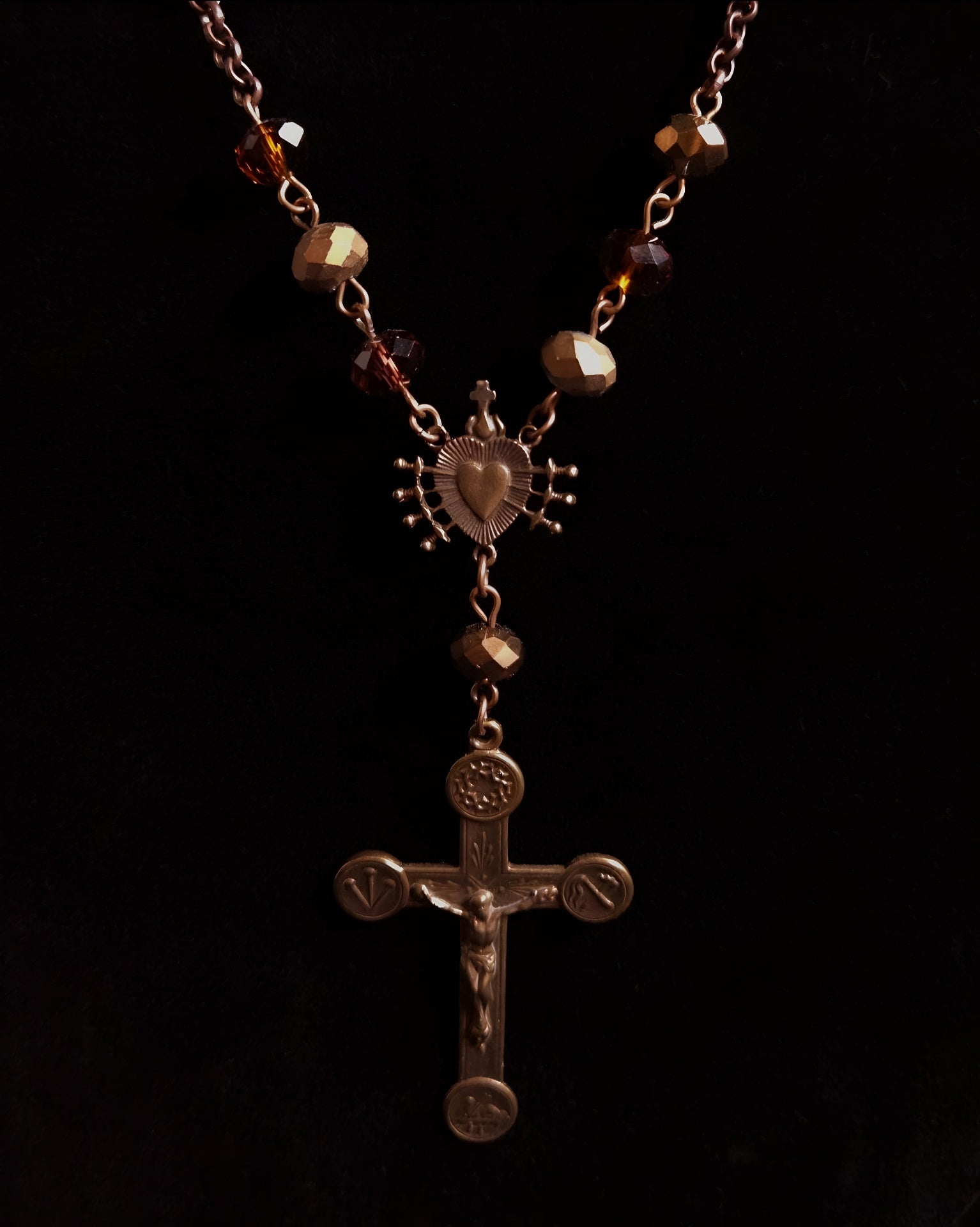 Seven Sorrows & Passion Crucifix | Asymmetrical Autumn Glass Necklace