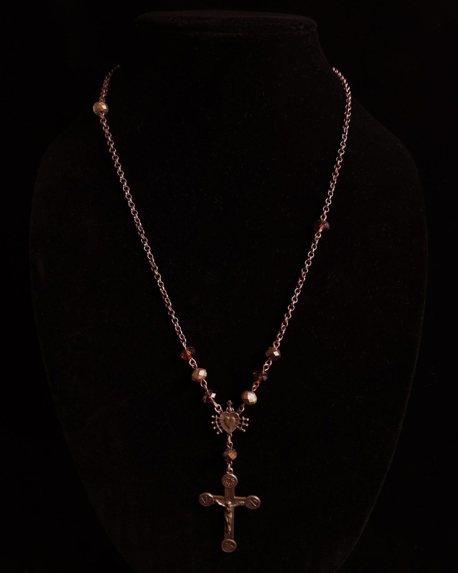 Seven Sorrows & Passion Crucifix | Asymmetrical Autumn Glass Necklace