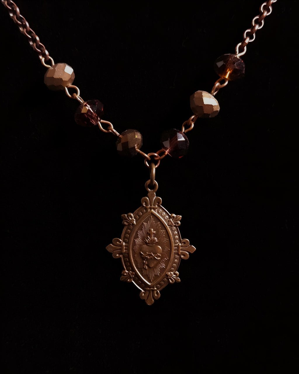 Sacred Heart Fleur de Lies | Asymmetrical Autumn Glass Necklace