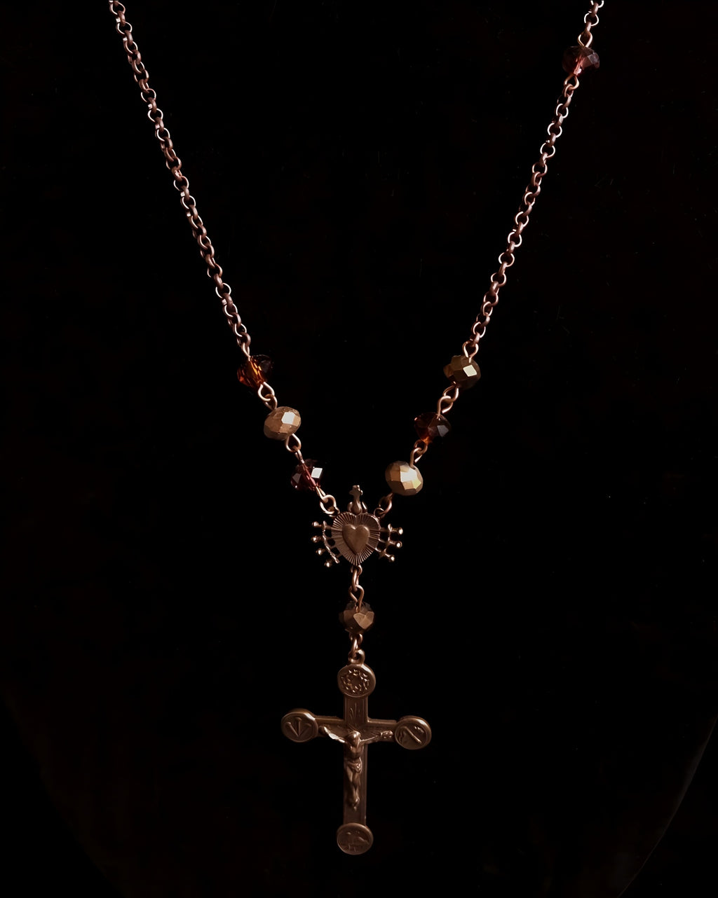Seven Sorrows & Passion Crucifix | Asymmetrical Autumn Glass Necklace